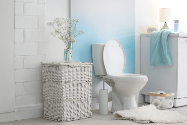 A clean family bathroom with blue accents that has a constantly running toilet.