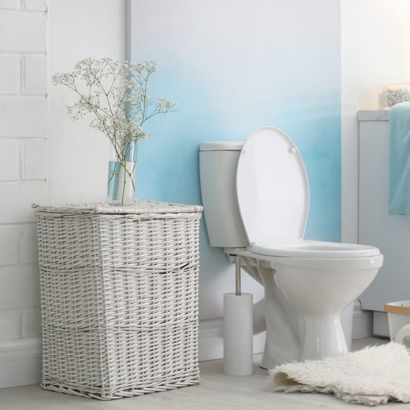 A clean family bathroom with blue accents that has a constantly running toilet.